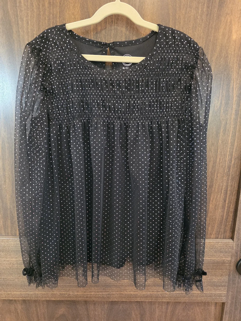 wonder nation Black Polka Dot Long Sleeve Blouse Girls XL 14-16